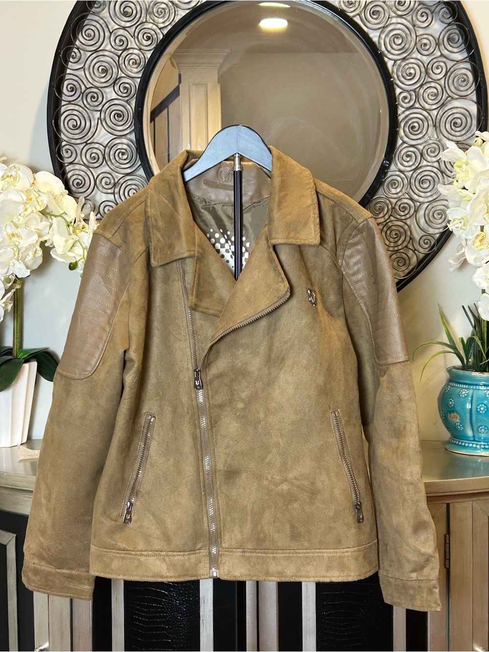 VG world collection Men's Suede Moto Jacket in Olive Brown made in Italy
